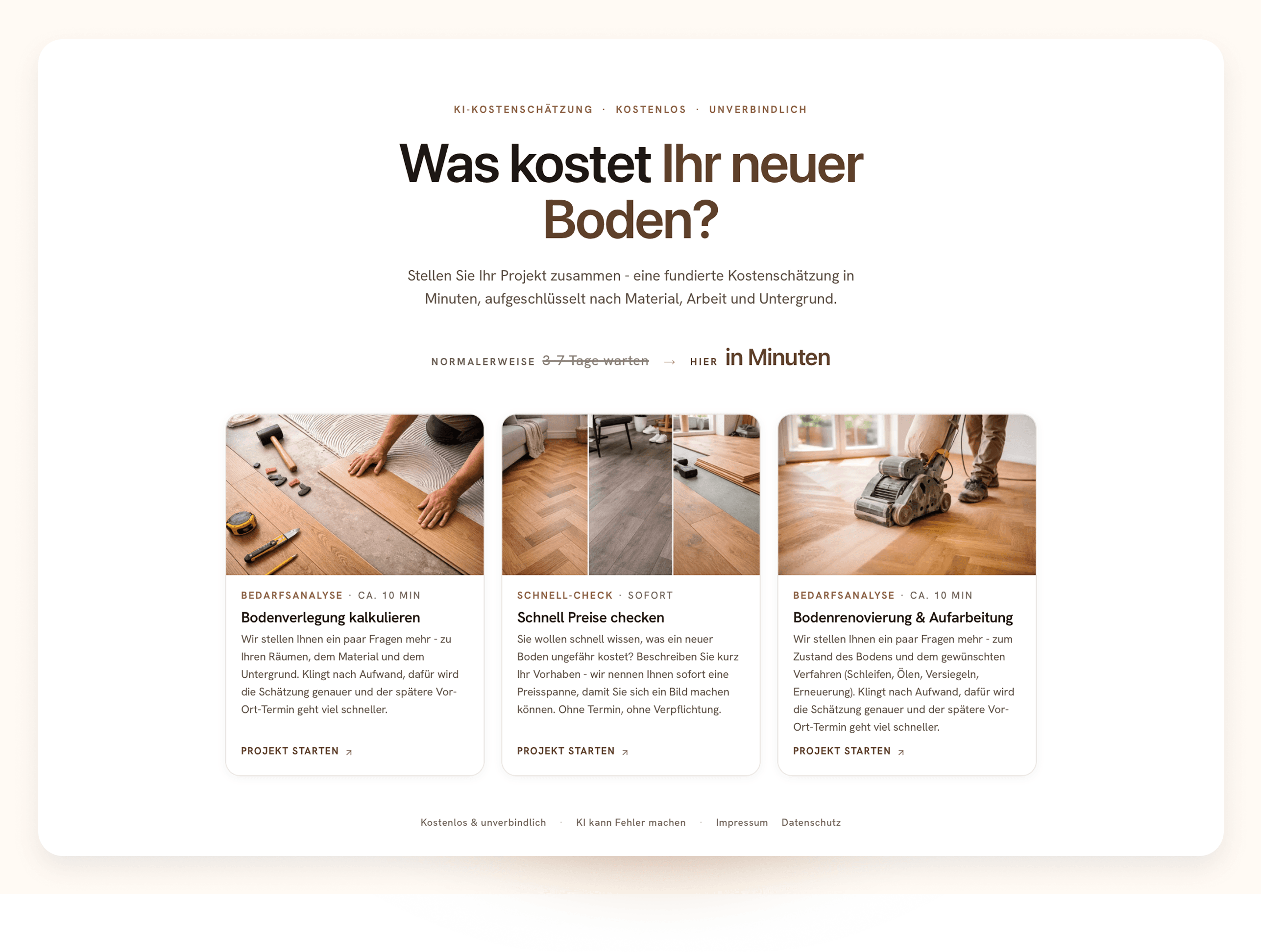 Drei Modi auf Ihrer Firmenwebsite: Bodenverlegung kalkulieren, Schnell-Check, Bodenrenovierung.